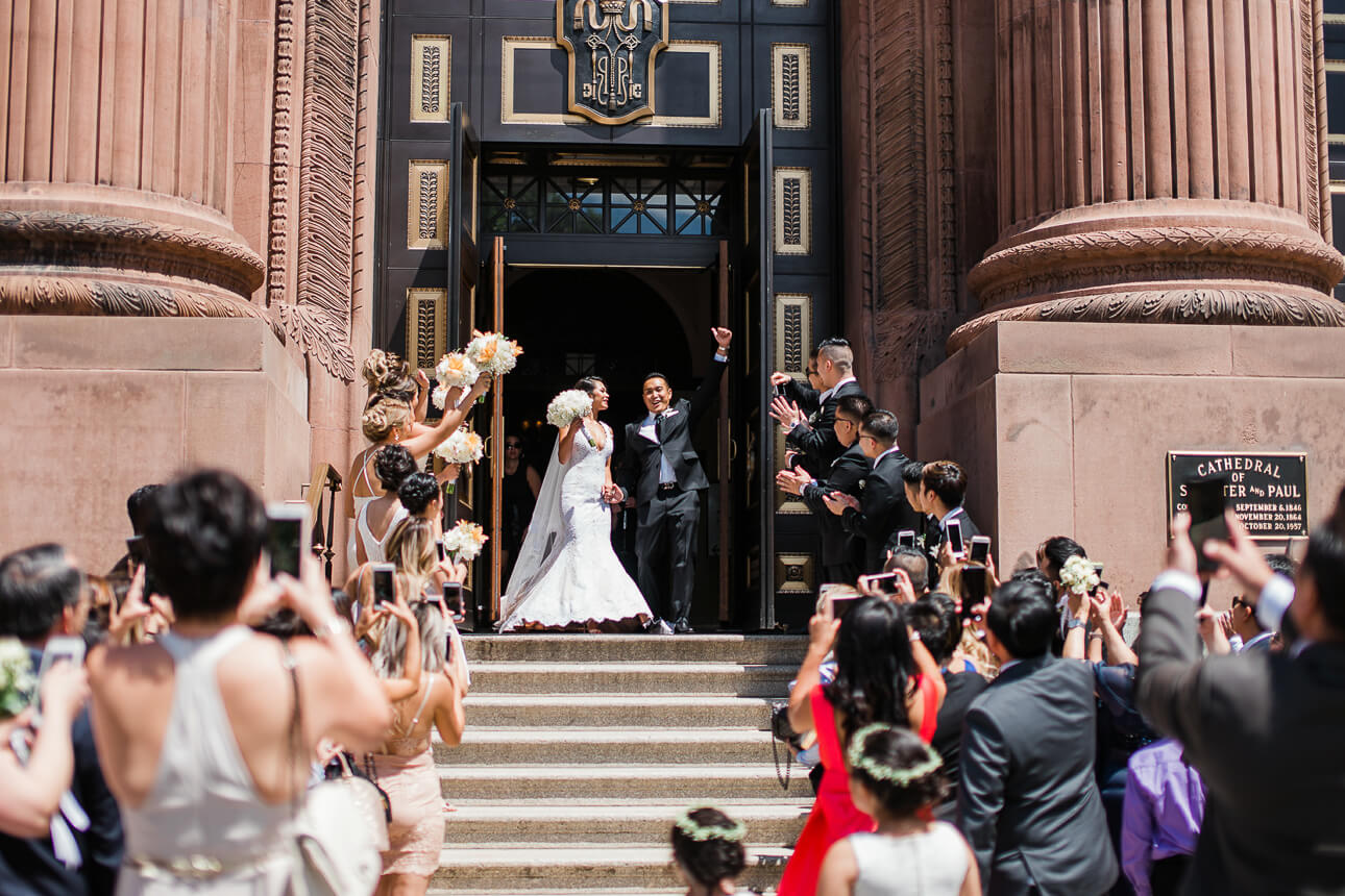 wedding grand exit at The Cathedral Basilica of Saints and Paul in Philadelphia